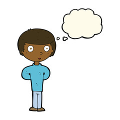 cartoon curious boy with thought bubble