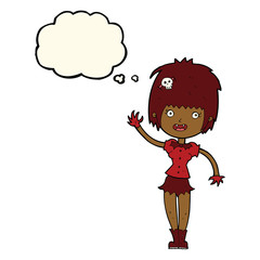 cartoon waving vampire girl with thought bubble