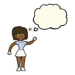cartoon girl waving with thought bubble