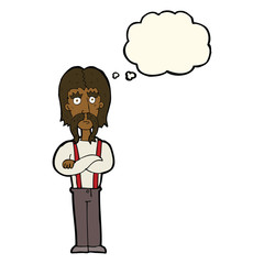 cartoon long mustache man with folded arms with thought bubble