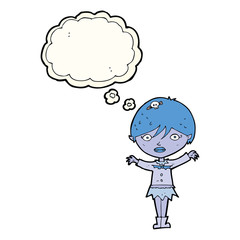cartoon waving vampire girl with thought bubble
