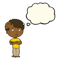 cartoon boy with growth on head with thought bubble