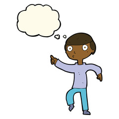 cartoon boy pointing with thought bubble