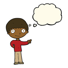 cartoon happy boy pointing with thought bubble