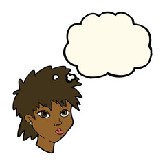 cartoon curious girl with thought bubble