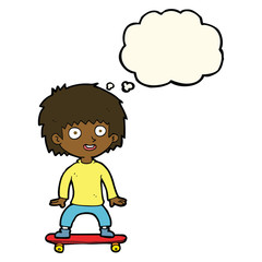 cartoon boy on skateboard with thought bubble