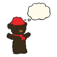 cartoon cute black bear in hat and scarf with thought bubble