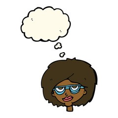 cartoon woman wearing spectacles with thought bubble