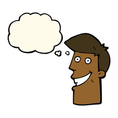 cartoon grinning man with thought bubble