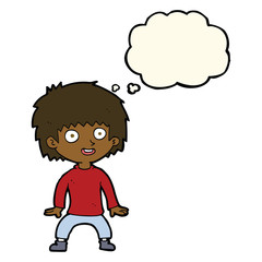 cartoon excited boy with thought bubble