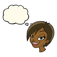 cartoon pretty female face with thought bubble