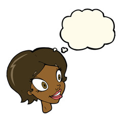 cartoon pretty female face with thought bubble
