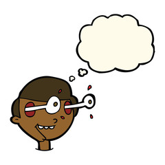 cartoon excited boy's face with thought bubble