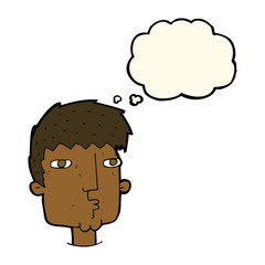 cartoon curious man with thought bubble