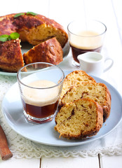 Slices of coffee cake and glass of drink