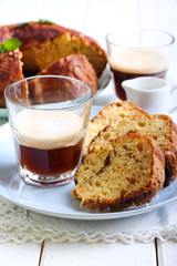 Slices of coffee cake and glass of drink