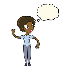 cartoon woman waving with thought bubble