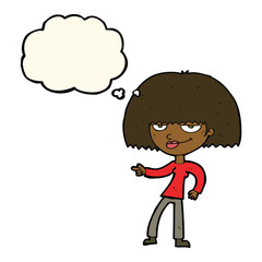 cartoon happy woman pointing with thought bubble