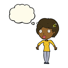 cartoon shocked woman with thought bubble