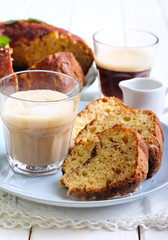 Slices of coffee cake and glass of drink