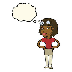 cartoon retro pilot woman with thought bubble