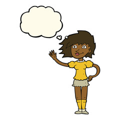 cartoon woman waving with thought bubble