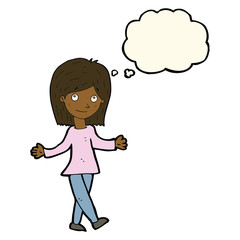 cartoon woman with no worries with thought bubble
