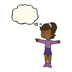 cartoon happy woman pointing with thought bubble