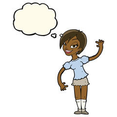 cartoon girl waving with thought bubble