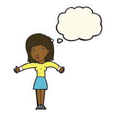 Obraz premium cartoon woman shrugging shoulders with thought bubble
