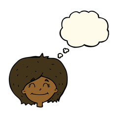 cartoon happy female face with thought bubble