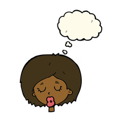 cartoon woman with eyes closed with thought bubble