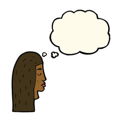 cartoon female face profile with thought bubble