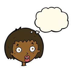cartoon surprised female face with thought bubble