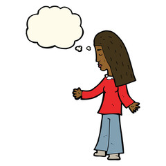 cartoon woman with open arms with thought bubble