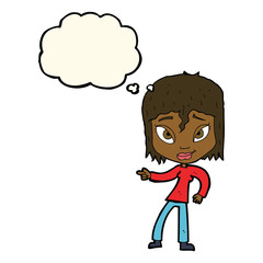 cartoon relaxed woman pointing with thought bubble
