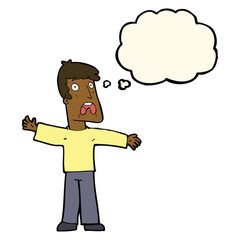 cartoon frightened man with thought bubble