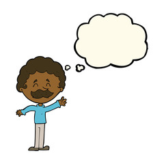 cartoon man with mustache waving with thought bubble