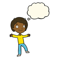 cartoon excited boy with thought bubble