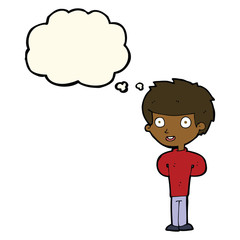 cartoon happy boy with thought bubble