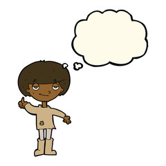 cartoon boy in poor clothing giving thumbs up symbol with though