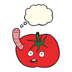cartoon tomato with worm with thought bubble