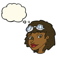 cartoon happy woman wearing aviator goggles with thought bubble