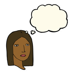 cartoon serious woman with thought bubble