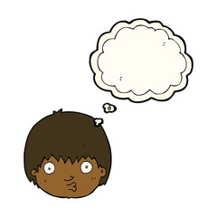 cartoon curious boy with thought bubble