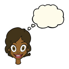 cartoon happy woman with thought bubble