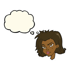 cartoon female face with thought bubble