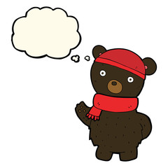 cartoon black bear in winter hat and scarf with thought bubble