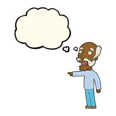 cartoon scared old man pointing with thought bubble