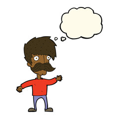 cartoon man with mustache waving with thought bubble